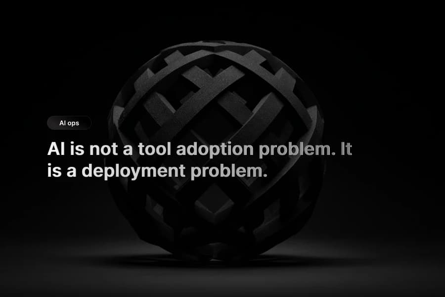 Dark abstract AI deployment cover with a structured black sphere and article title