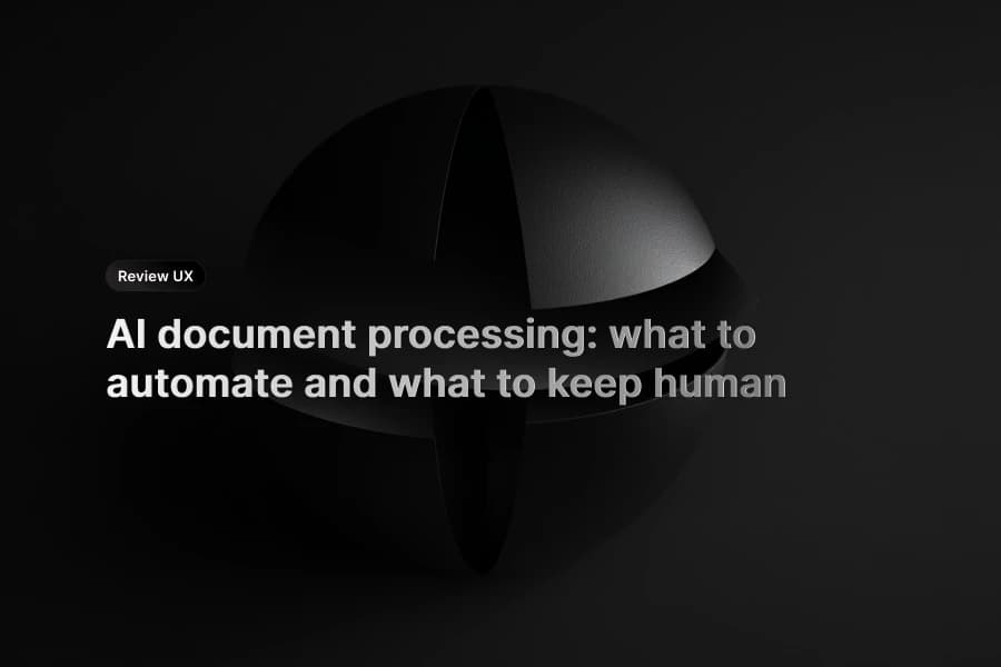 AI document processing review workspace with extracted fields, confidence signals, exceptions, and approval controls