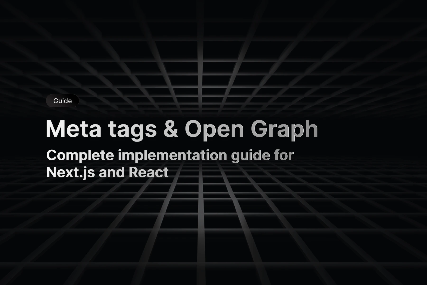 Meta tags and Open Graph implementation showing Next.js Metadata API and React Helmet code examples with social media previews