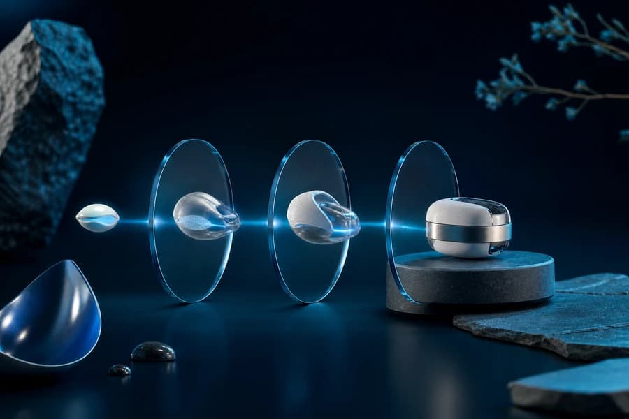 Small prototype evolving through transparent validation stages into a refined product
