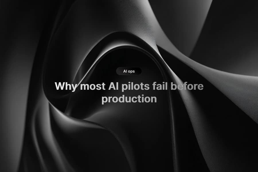 Dark abstract AI pilot cover with curved black structures and production-readiness title