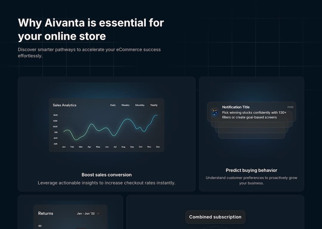 Aivanta – Product website for an AI-powered SaaS brand project overview and main interface showcase