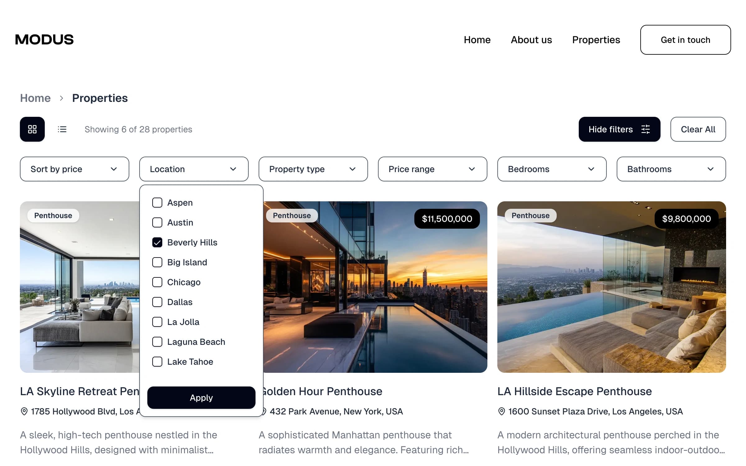 Advanced search & filtering - Feature showcase demonstrating Developed dynamic search functionality with location, price range, and property type filters for tai...