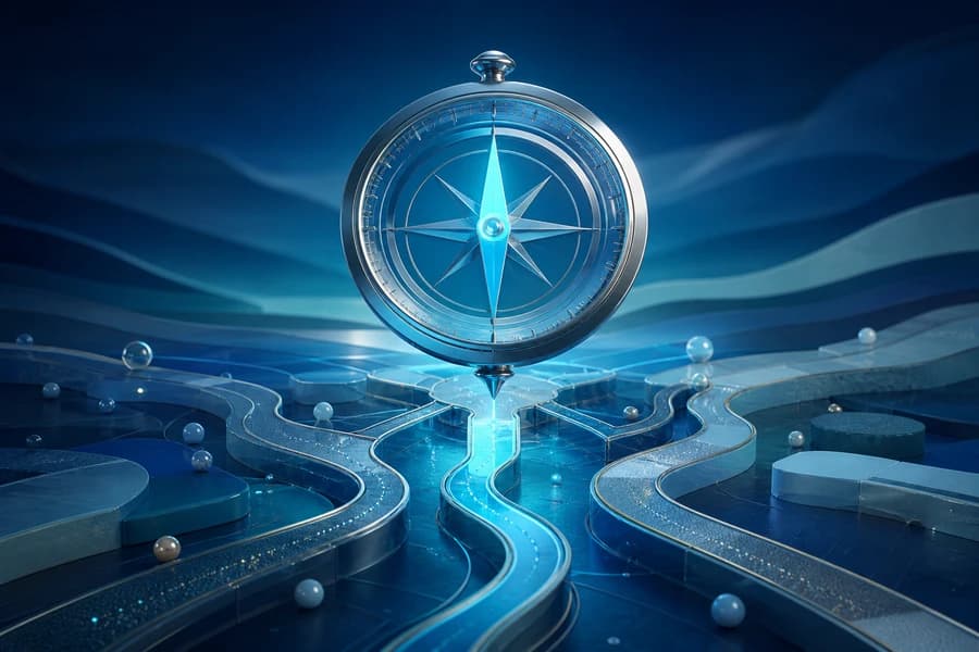Silver compass above branching cyan pathways representing structured AI implementation decisions