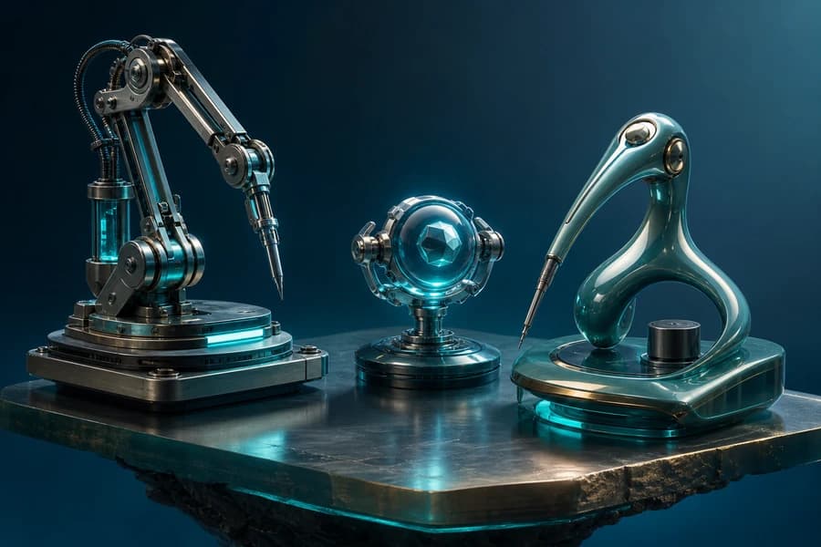 Three distinct precision instruments arranged for an AI coding assistant comparison