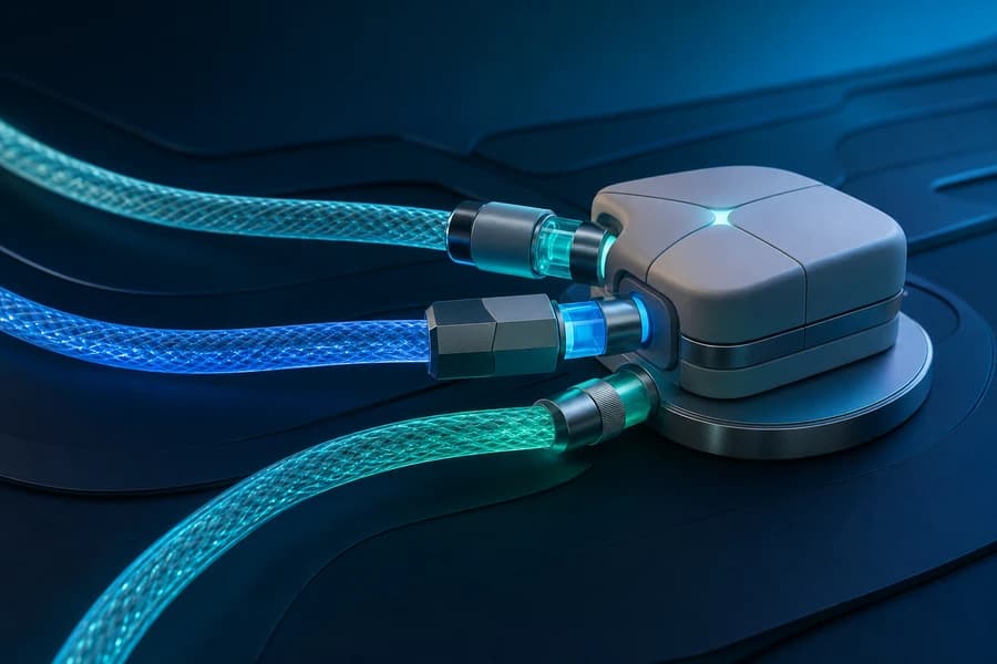 Braided luminous cable connecting several specialized AI development tools through one workflow dock