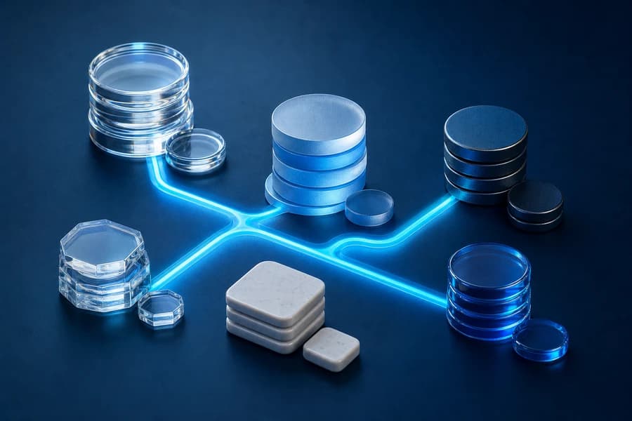Glass and ceramic resource stacks connected by metered cyan light for AI tool pricing analysis