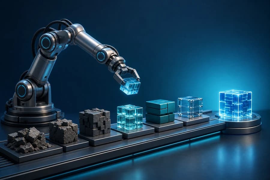 Robotic arm transforming rough software blocks into polished production components