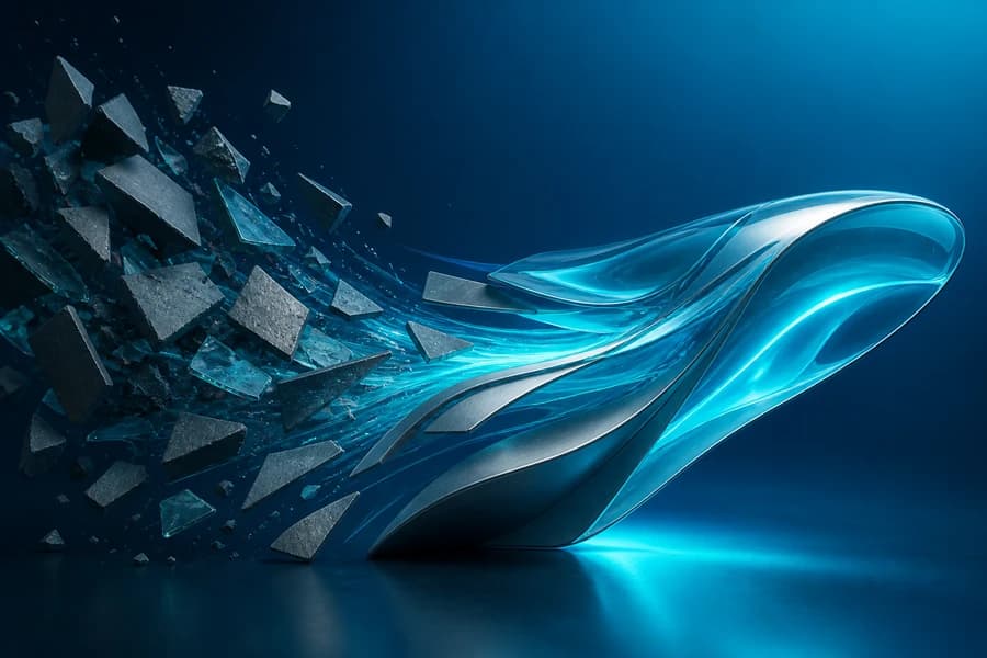 Rigid website fragments transforming into a faster flowing teal sculpture