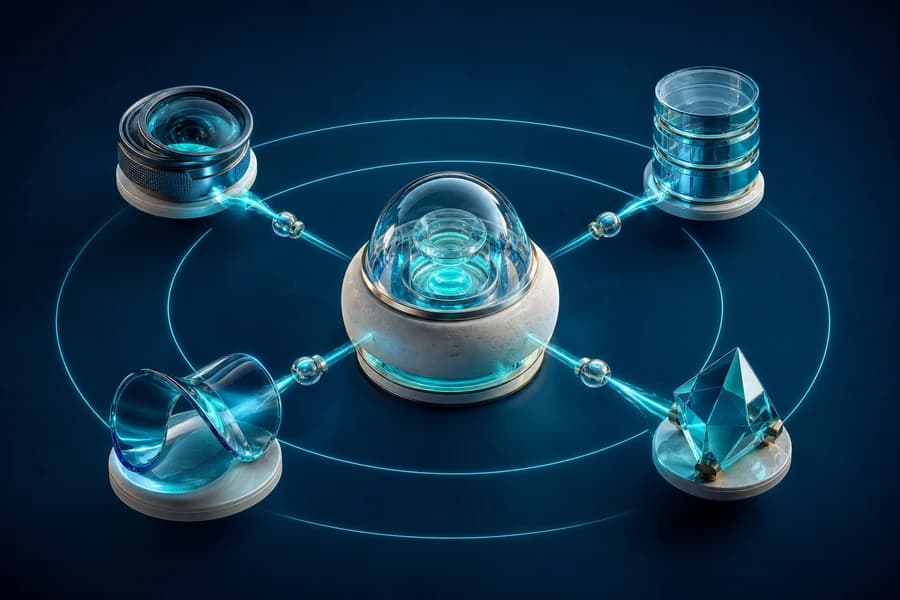 Central AI workflow core connected to four distinct specialist tool modules