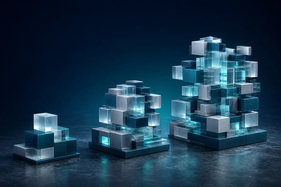 Three increasingly complex modular assemblies representing startup and enterprise web development scope