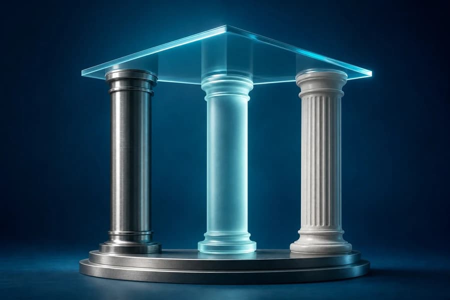 Three interlocking structural pillars supporting a transparent compliance canopy