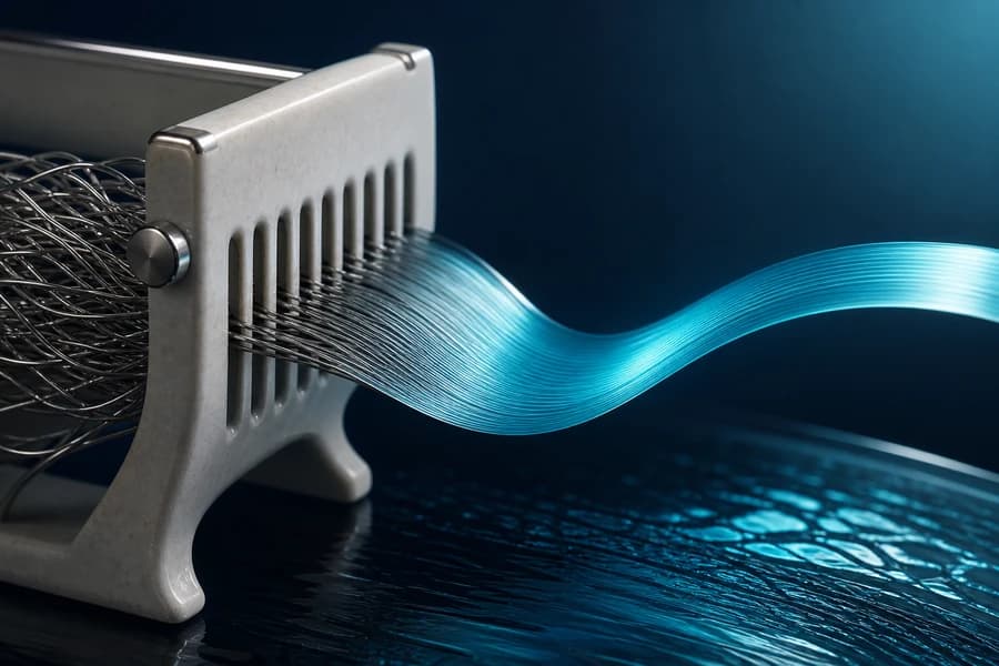 Ceramic loom untangling dense technical filaments into one clear cyan message