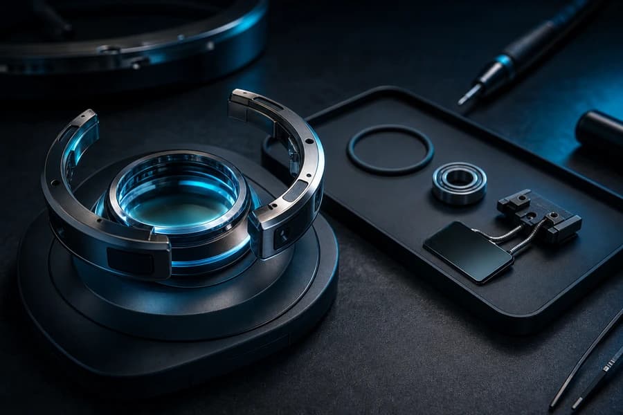 Open service ring with replaceable maintenance parts organized beside a glowing core