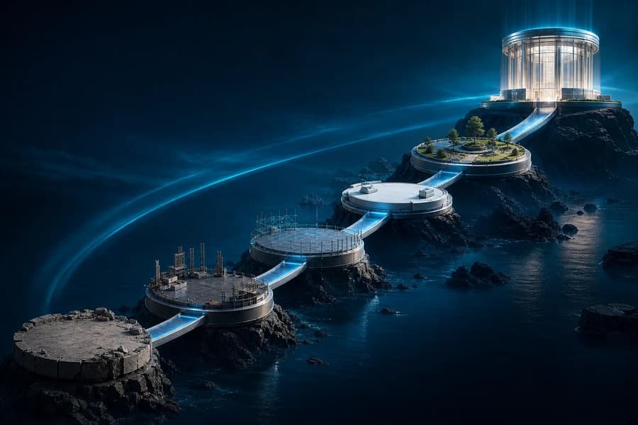 Five connected project platforms progressing from rough foundation to finished structure