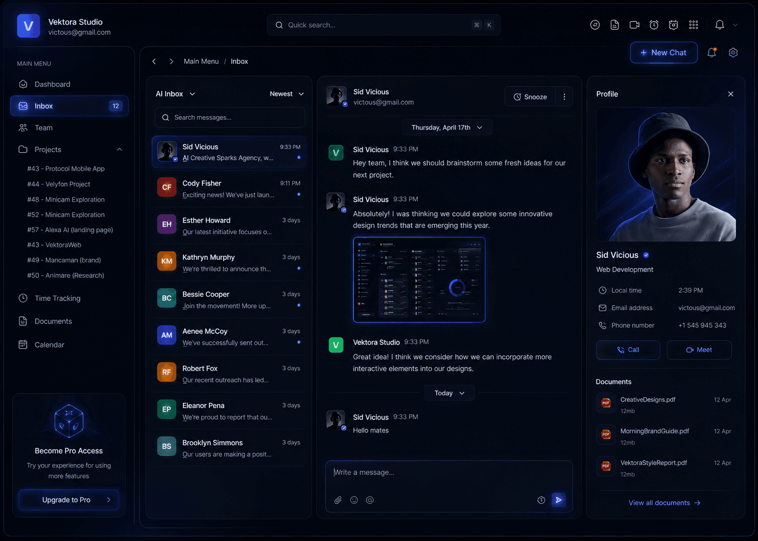 Internal AI tool interface with inbox, shared work, customer context, files, and team actions